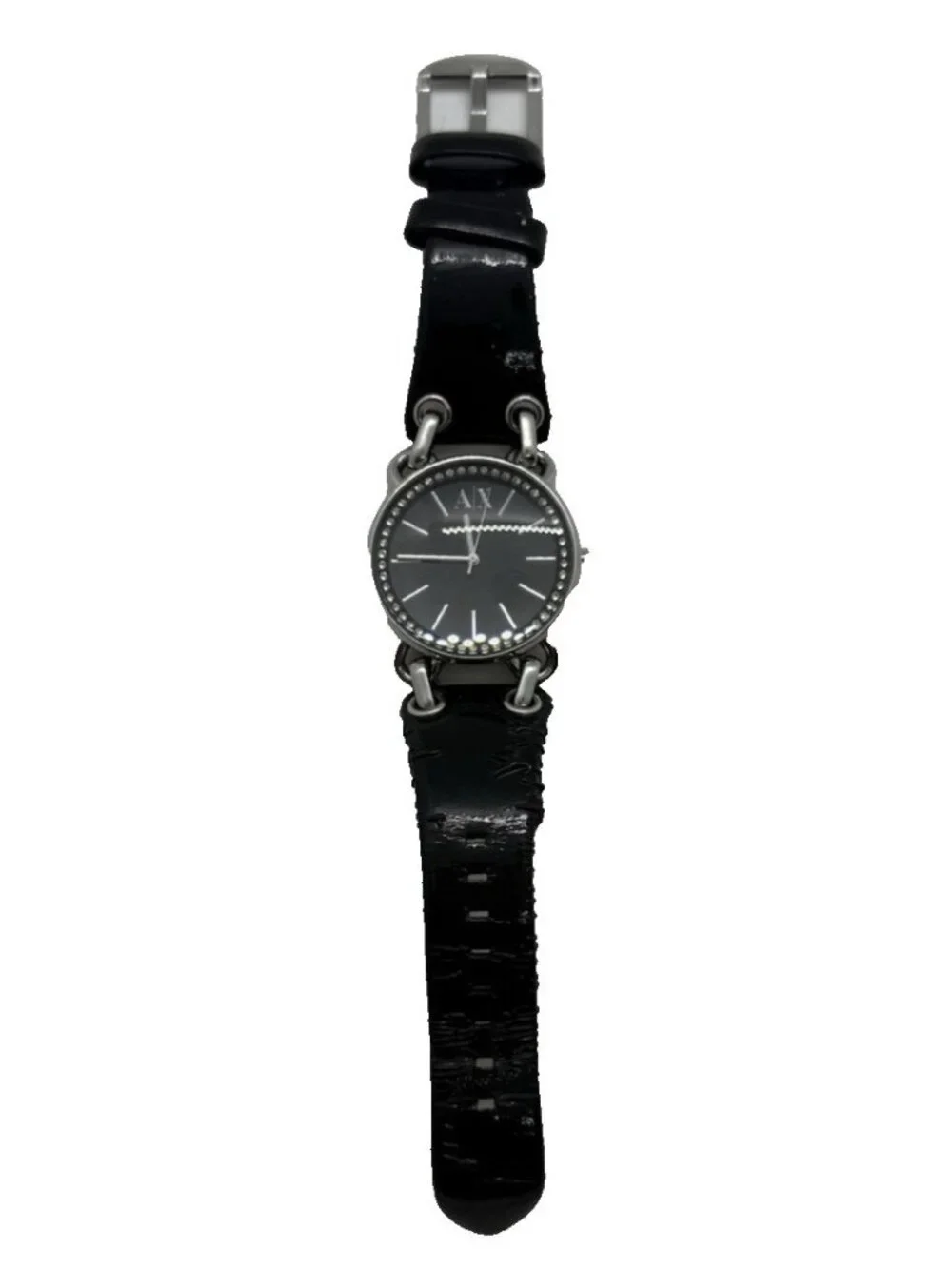 AX Armani Exchange Women's Watch Silver Black Leather Bracelet AX3078 Stainless